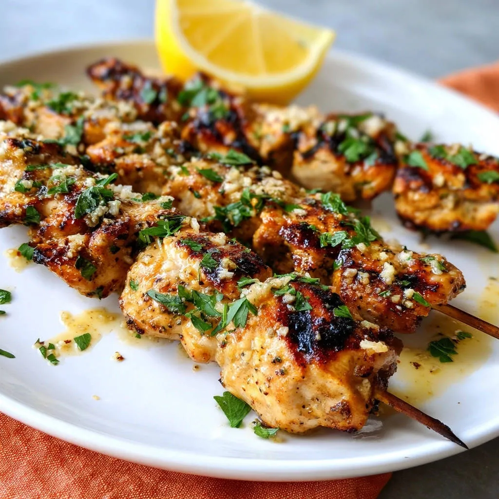 Lemon garlic chicken skewers grilled to perfection and garnished with fresh parsley and minced garlic.