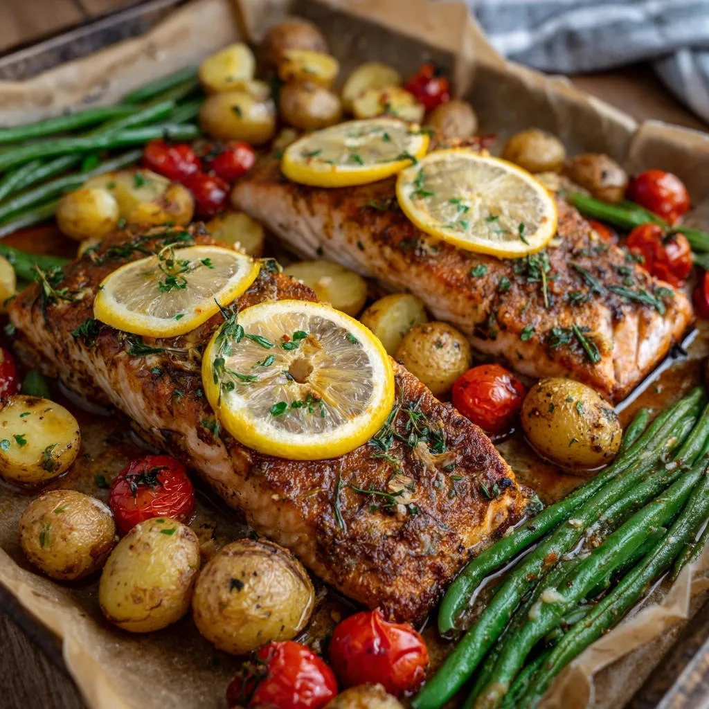 Lemon herb salmon and veggies sheet pan with roasted potatoes, cherry tomatoes, and green beans, close-up view.