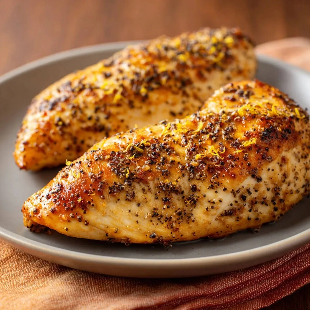 Lemon pepper chicken breasts seasoned with black pepper and lemon zest, presented on a gray plate.