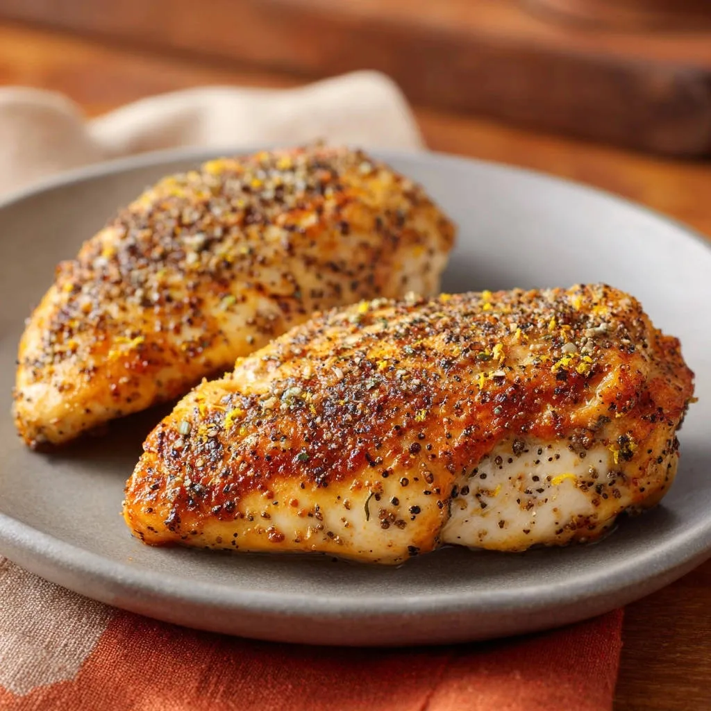 Lemon pepper chicken breasts on a grey plate, showcasing the seasoned crust and juicy interior texture.
