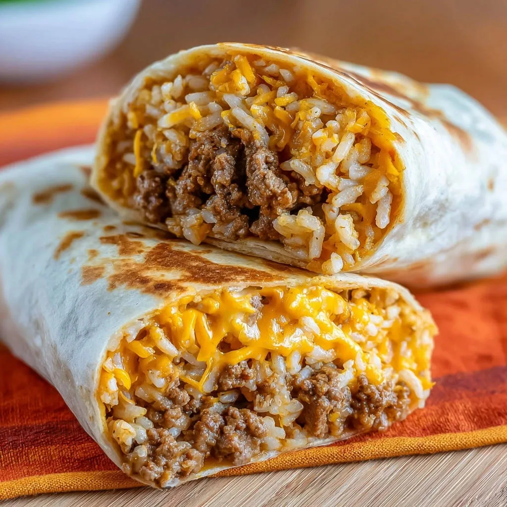 Loaded cheesy beef burritos cross-section revealing a generous filling of seasoned ground beef, rice, and melted cheese.