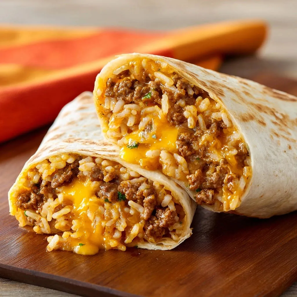 Loaded cheesy beef burritos cross-section showing melted cheese and seasoned beef and rice filling.