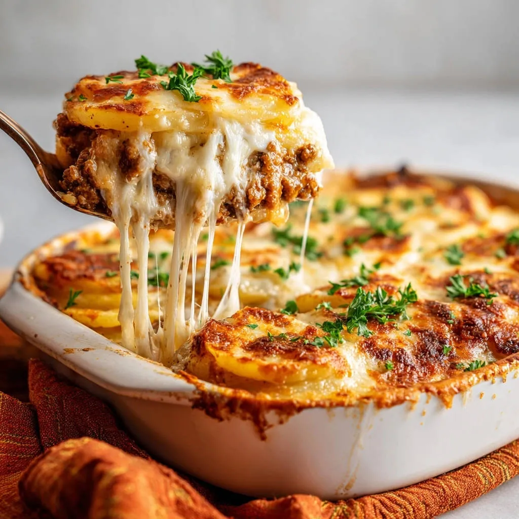 Loaded cheesy beef and potato bake, with a serving being lifted showing a generous cheese pull and golden potatoes.
