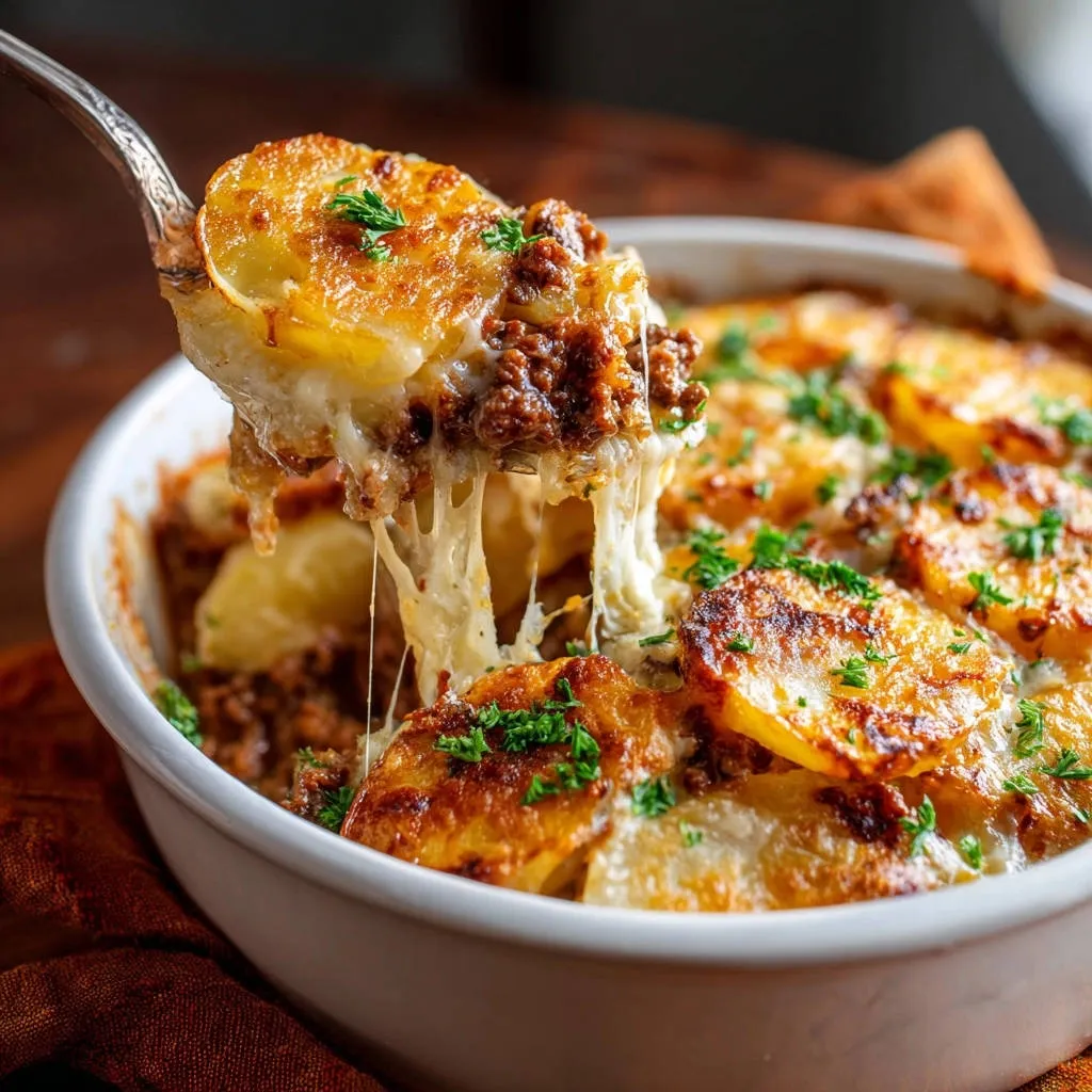 Loaded cheesy beef and potato bake, with a spoon lifting a portion showing melted cheese strings.