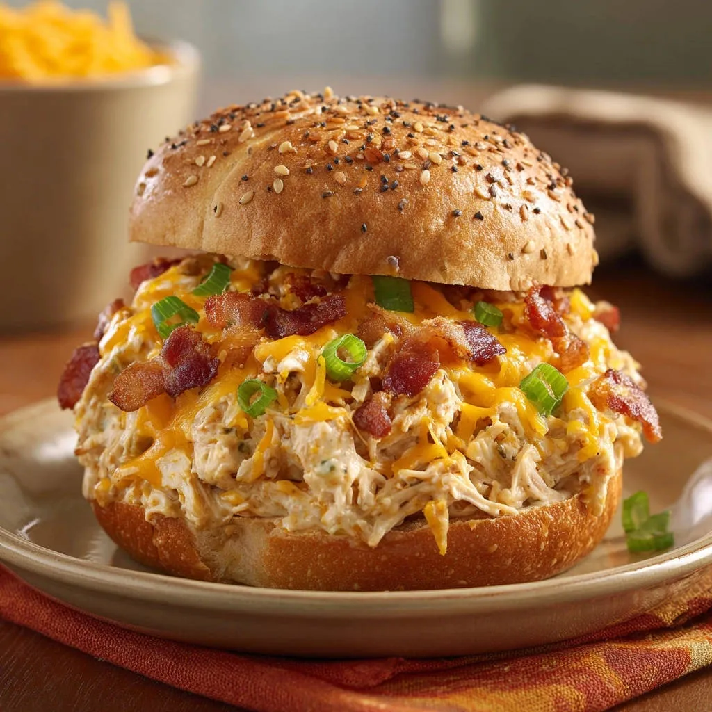 Loaded creamy chicken salad sandwiches are topped with bacon and green onions on a seeded bun.