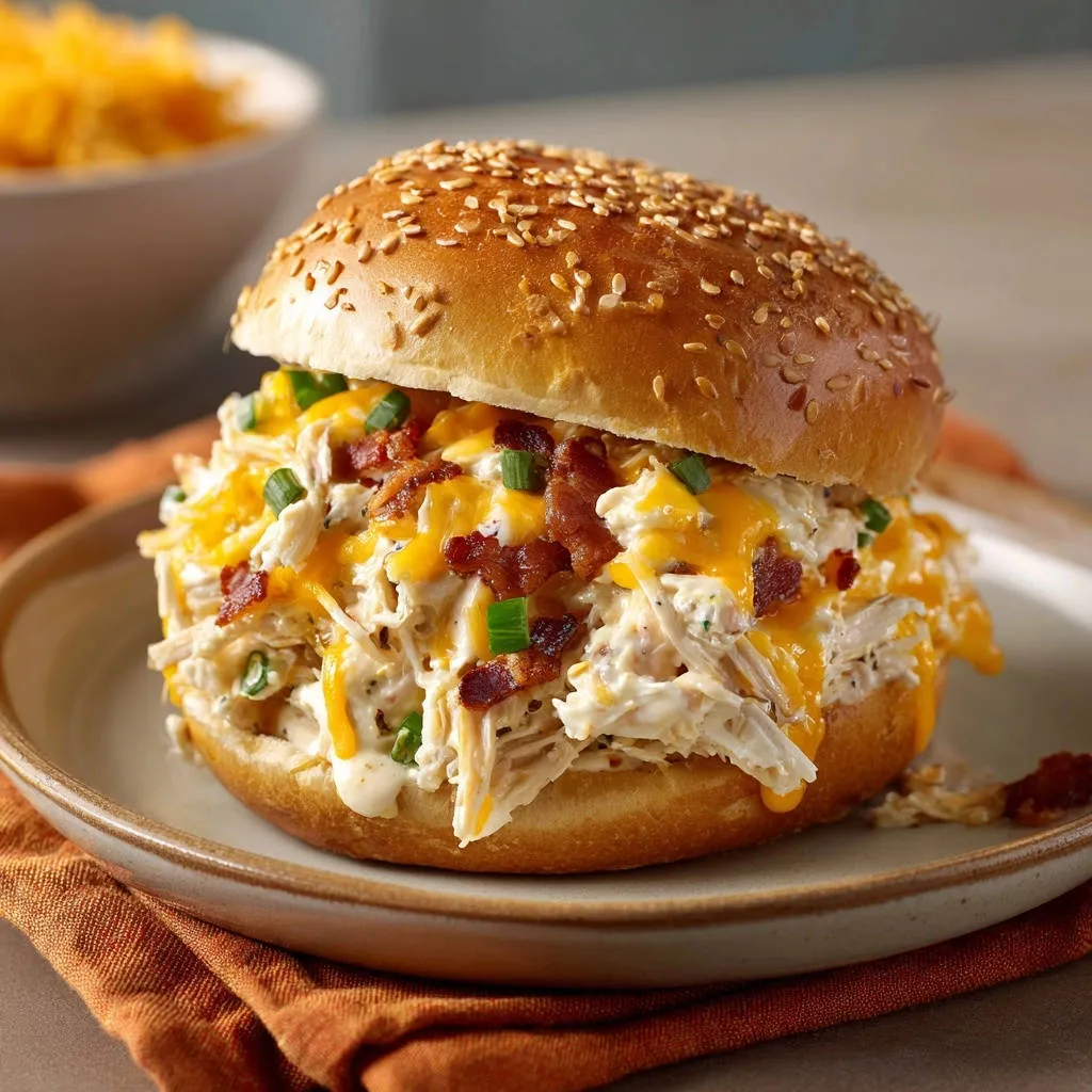 Loaded creamy chicken salad sandwich overflowing with chicken, bacon, cheese, and green onions on a sesame seed bun.