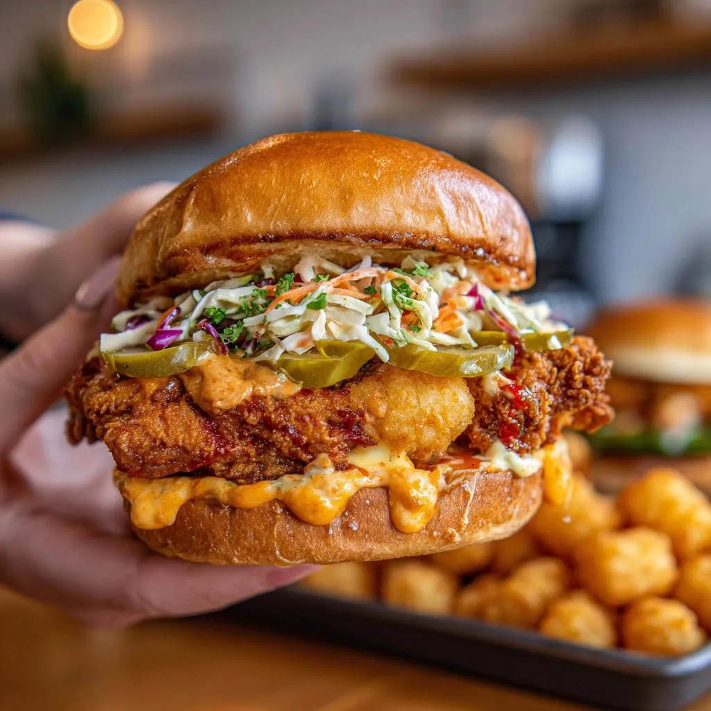 Crispy Nashville-inspired chicken sandwich with dripping sauce and fresh toppings held close-up.