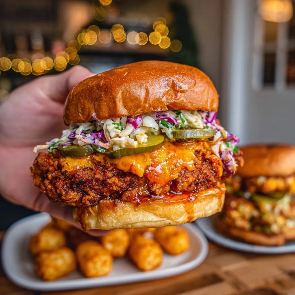 Crispy Nashville-inspired chicken sandwich held in hand, showing coleslaw and pickles.