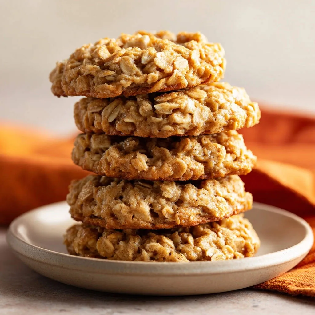 Classic no-bake oatmeal cookies stacked on a white plate, showcasing their chewy texture.