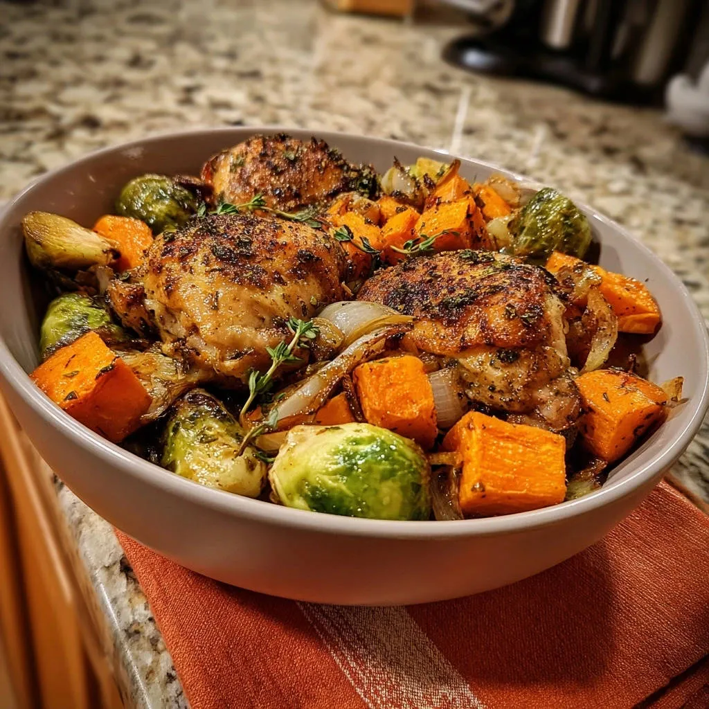 One pan roasted chicken and veggies served in a bowl, with a close-up view of the roasted chicken and vegetables.