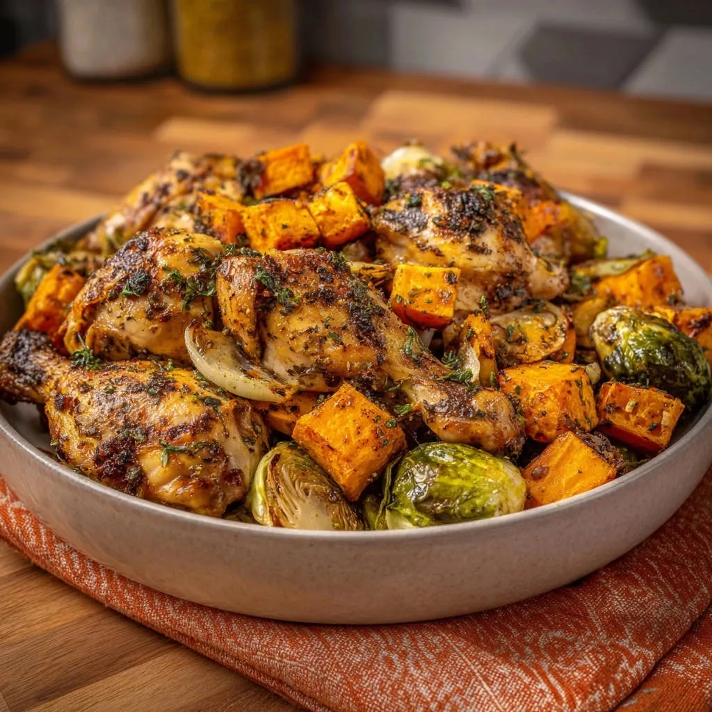 One pan roasted chicken and veggies served in a bowl, featuring chicken drumsticks, sweet potato cubes, and Brussels sprouts.