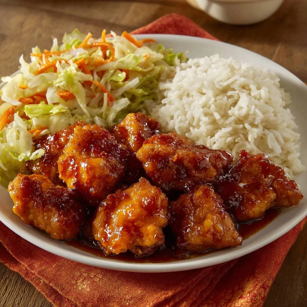 Orange chicken perfection plated with fluffy white rice and a fresh coleslaw side, showcasing the glossy glaze.