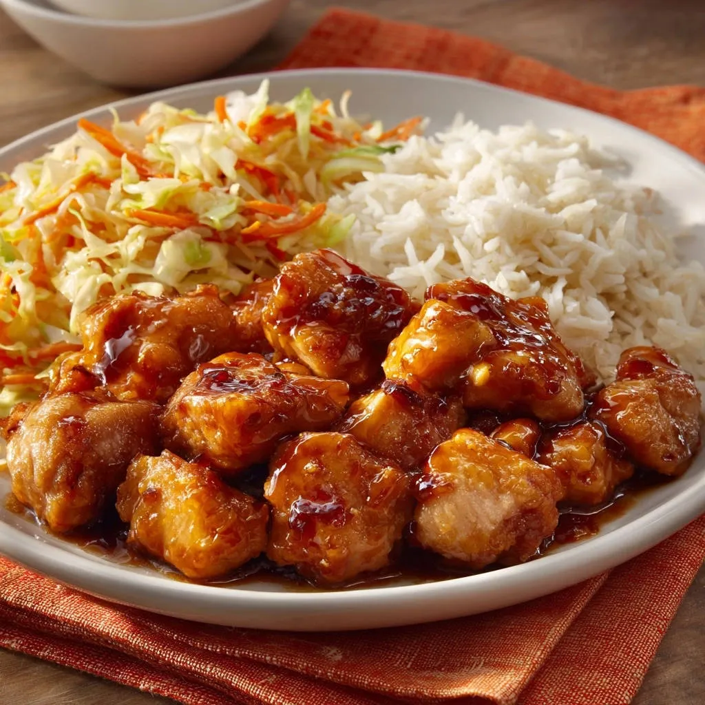 Orange chicken perfection plated with fluffy white rice and a fresh coleslaw side, showcasing a glossy glaze.