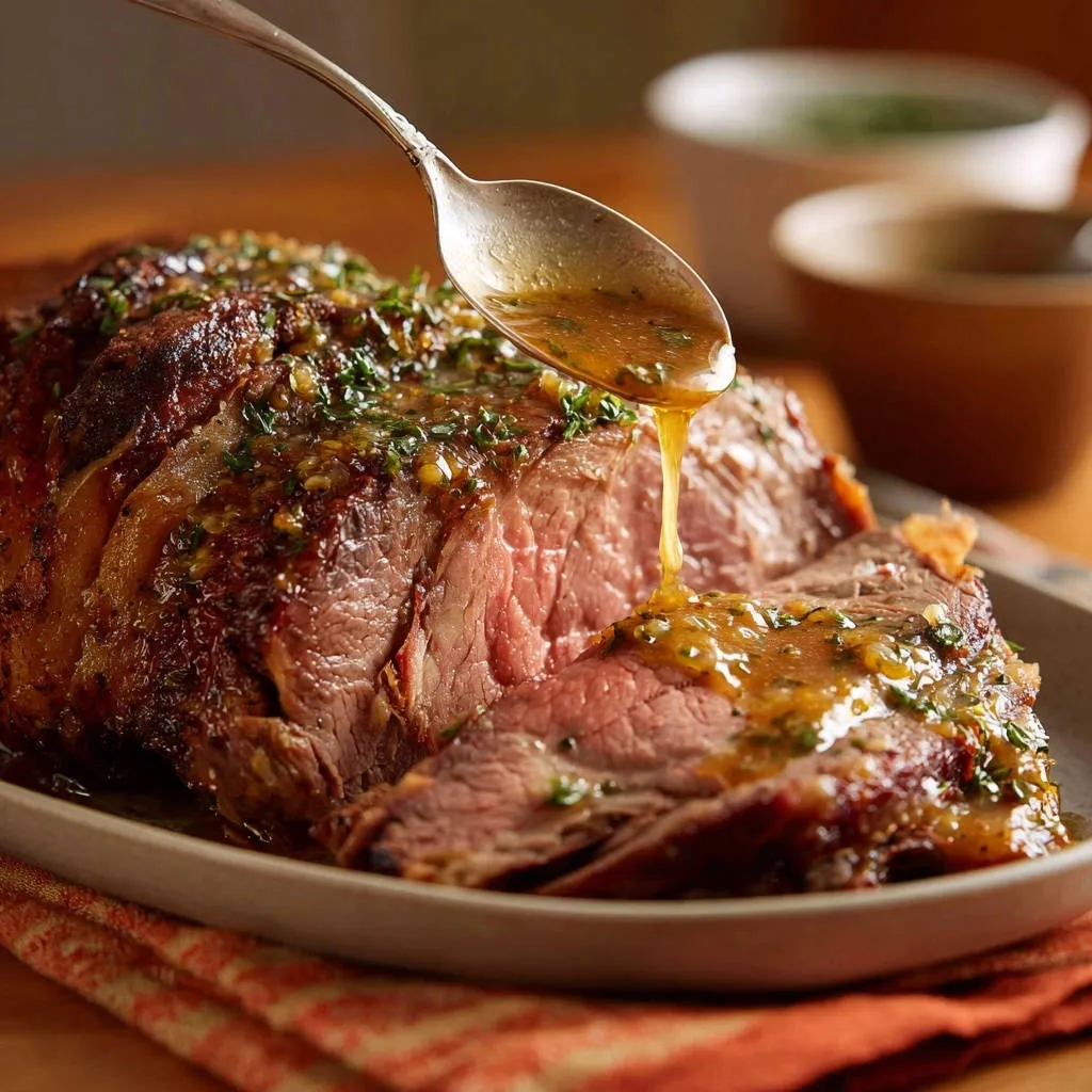 Oven roast beef being basted with a savory herb sauce from a spoon, showing a juicy interior slice.
