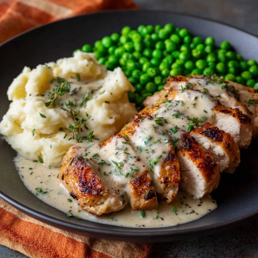 Pan-seared chicken with creamy herb sauce, sliced and drizzled with sauce, served with mashed potatoes and peas.