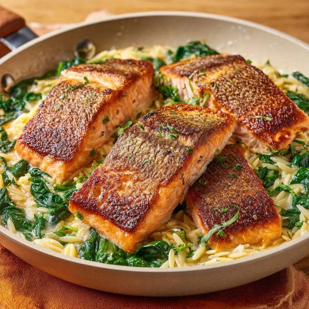 Pan-seared salmon with creamy orzo and spinach shown in a close-up view of the entire dish in a skillet.
