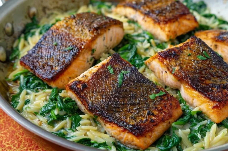 Pan-Seared Salmon with Creamy Orzo & Spinach