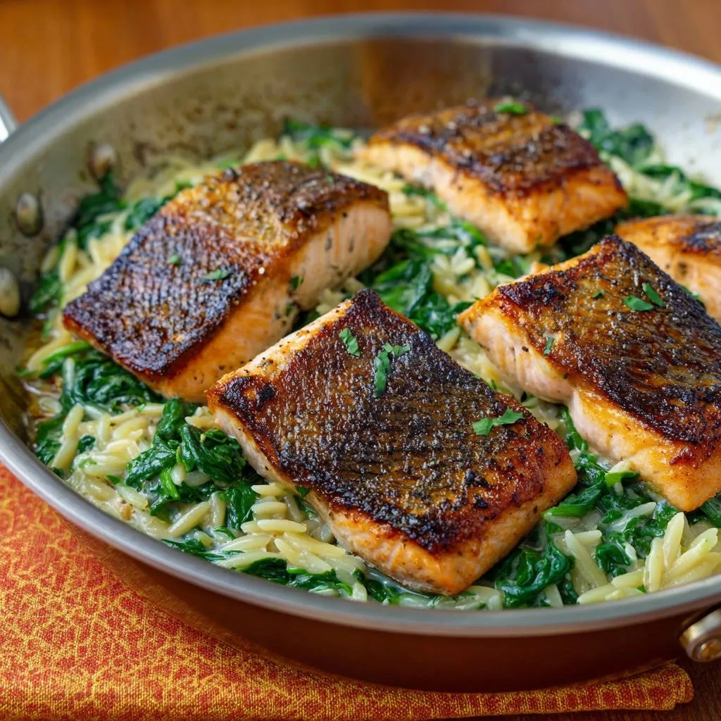 Pan-seared salmon with creamy orzo and spinach served in a skillet, showcasing crispy skin detail.