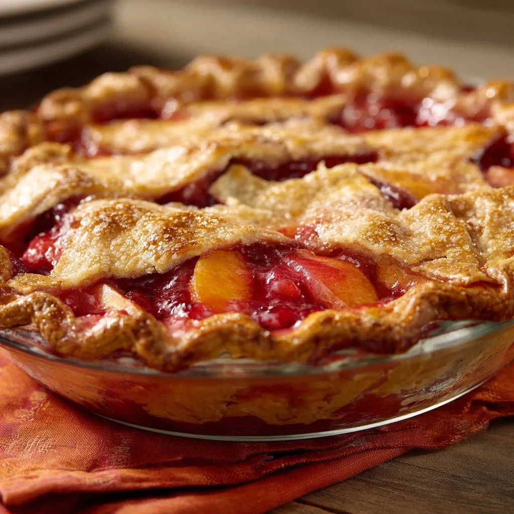Homemade peach berry pie with a golden brown lattice crust, showcasing the fruit filling.