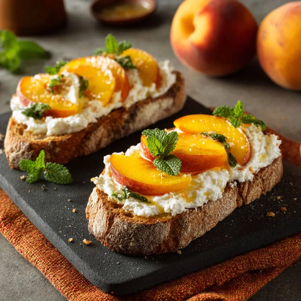 Peach ricotta toast with fresh mint garnish and drizzled honey, presented on a dark board.