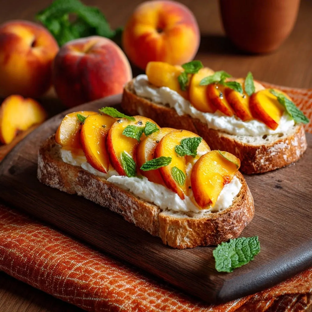 Peach ricotta toast served as two tartines on a wooden cutting board, garnished with fresh mint leaves.