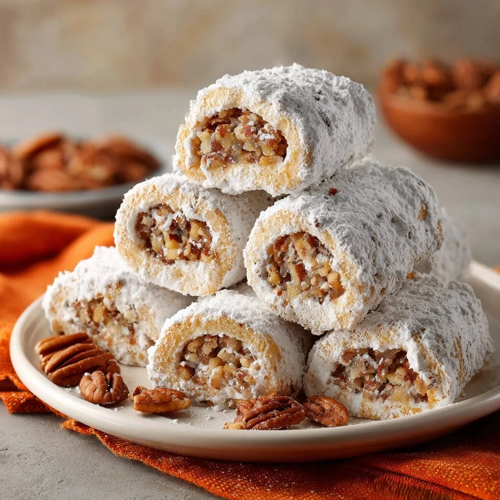 Decadent Pecan Cream Cheese Rolls shown in a close-up cross-section, dusted with powdered sugar.