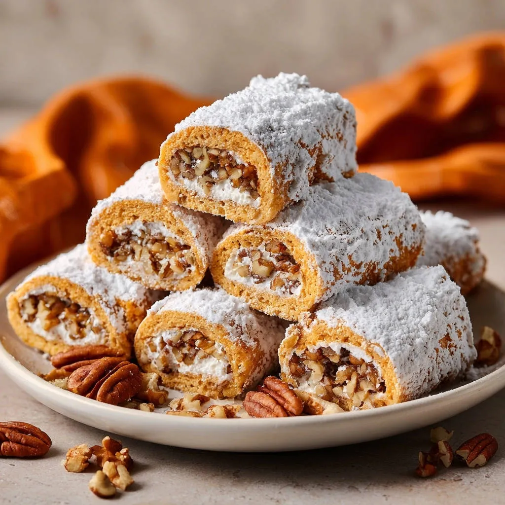 Decadent Pecan Cream Cheese Rolls shown in a close-up cross-section stack, revealing the creamy filling and nuts.
