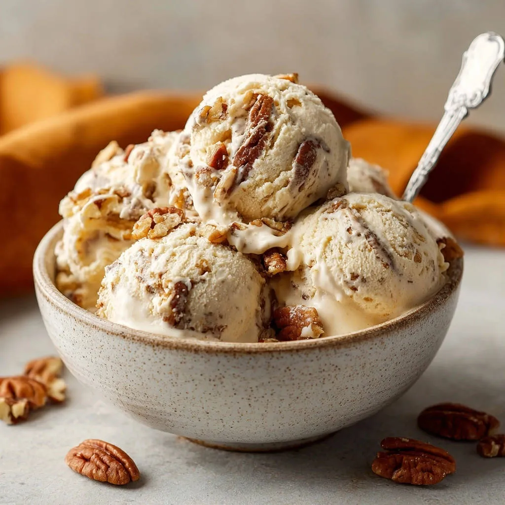 Creamy Pecan Praline Ice Cream presented in a rustic bowl with scattered pecans and a spoon.