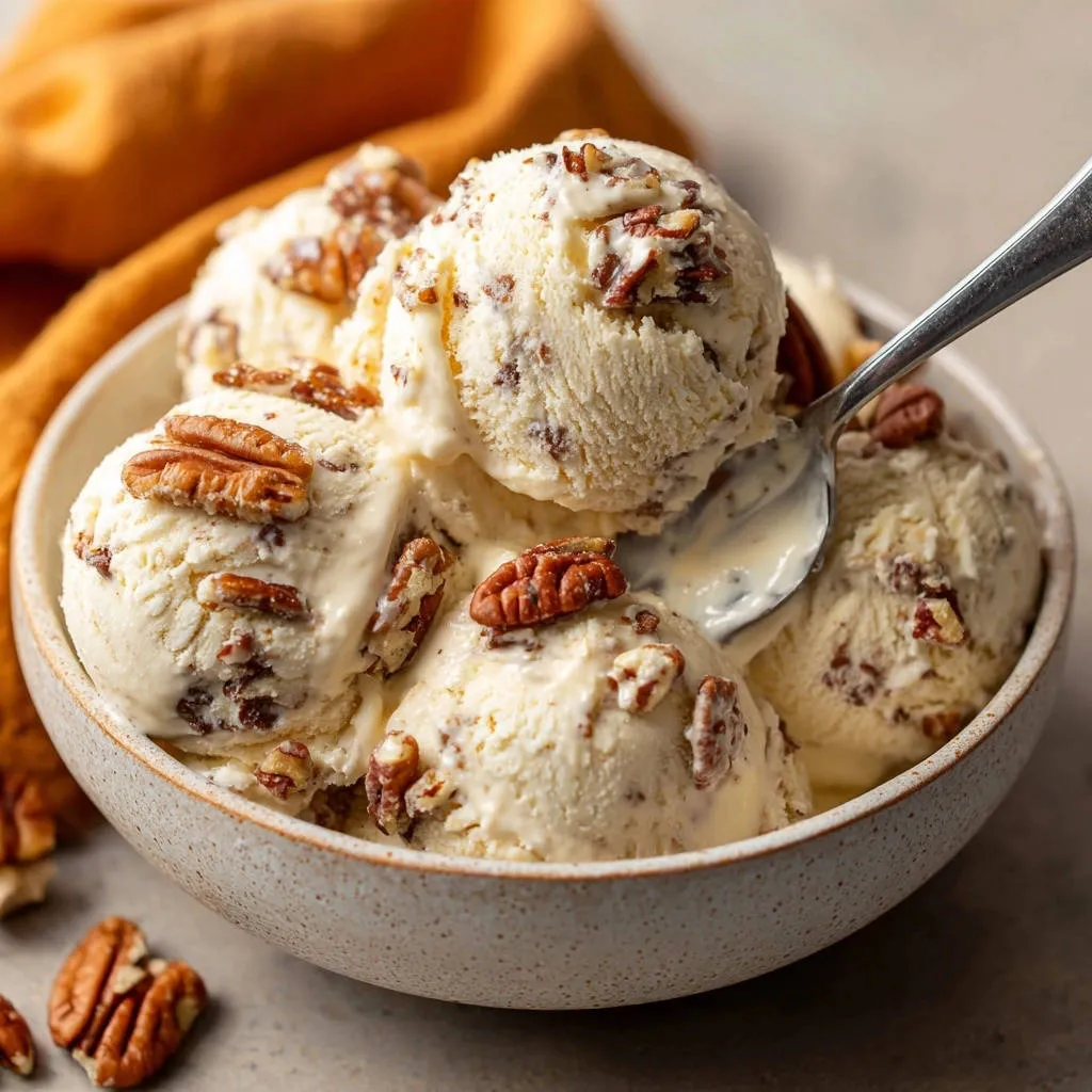 Creamy pecan praline ice cream scoops in a bowl with a spoon, showing chunks of pecans.