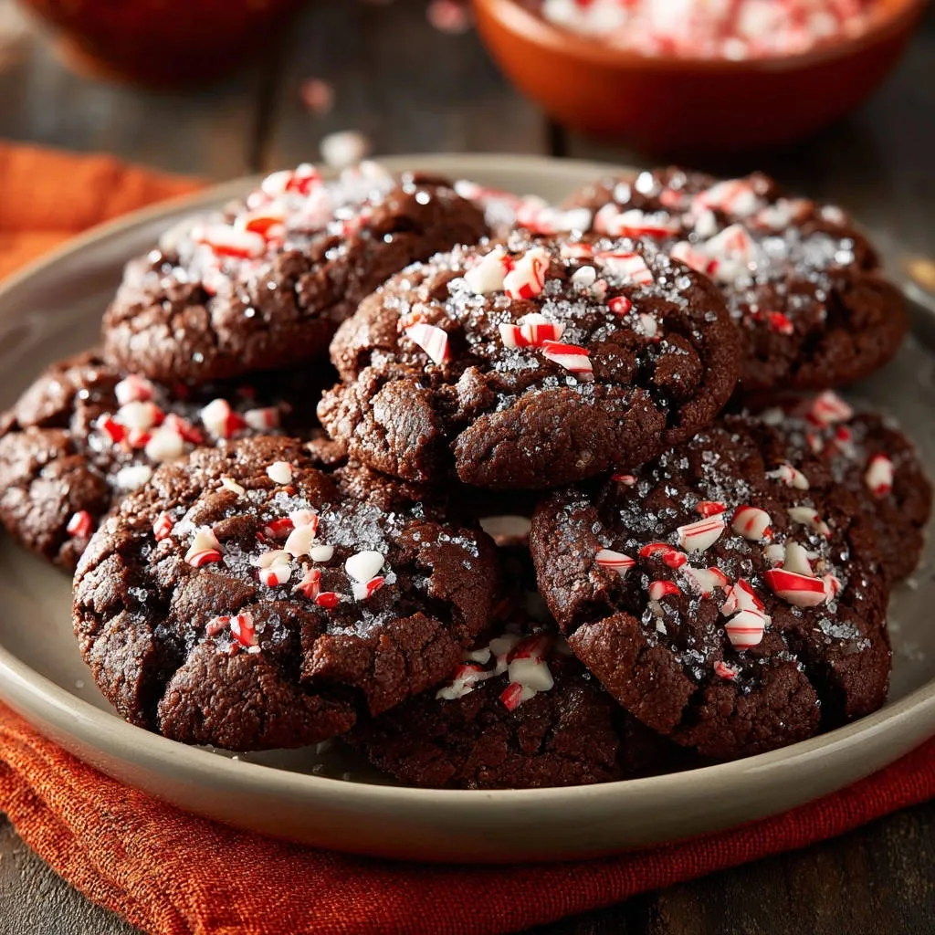Peppermint chocolate crinkle cookies topped with crushed candy canes and sparkling sugar, presented on a plate.
