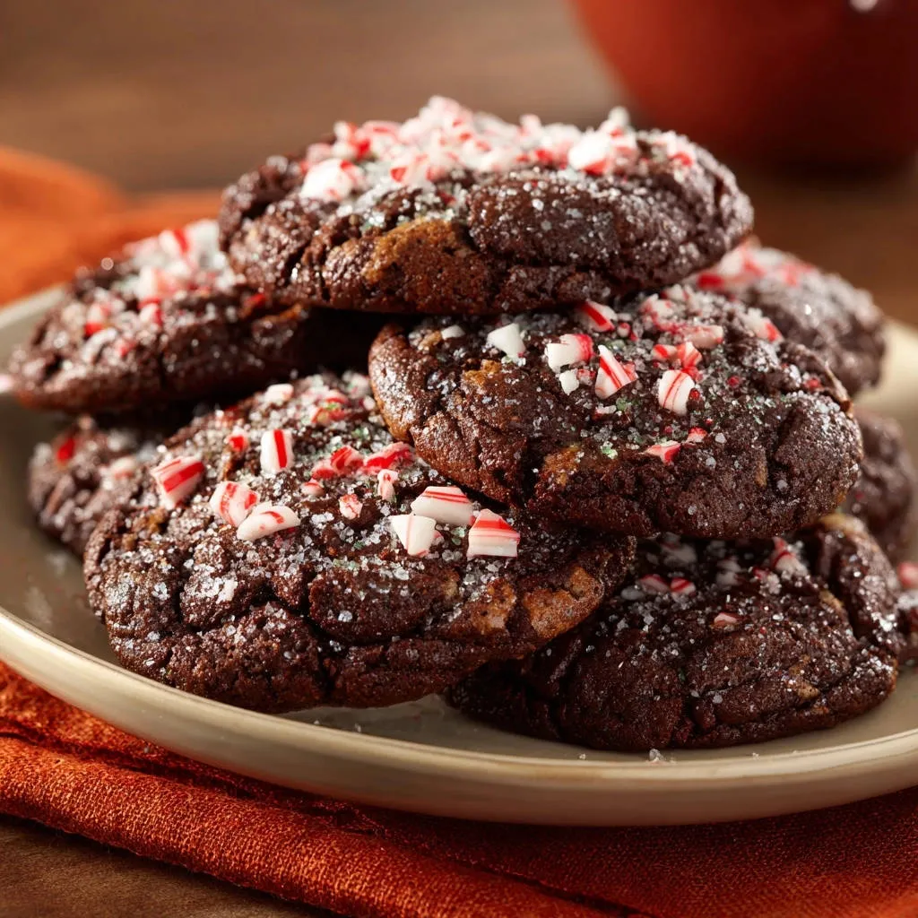 Peppermint chocolate crinkle cookies with a close-up view of the candy cane and sugar topping.