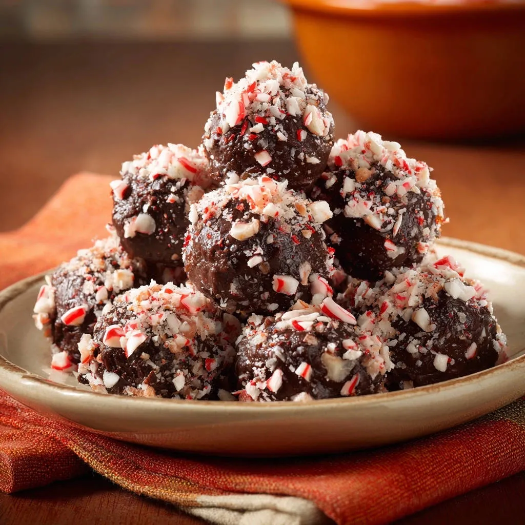 Peppermint chocolate truffles are piled high on a plate, generously topped with crushed candy cane pieces.