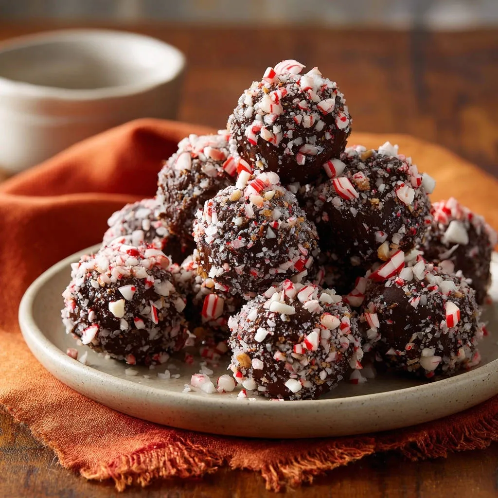 Peppermint chocolate truffles piled high on a plate and garnished with crushed candy canes and nuts.