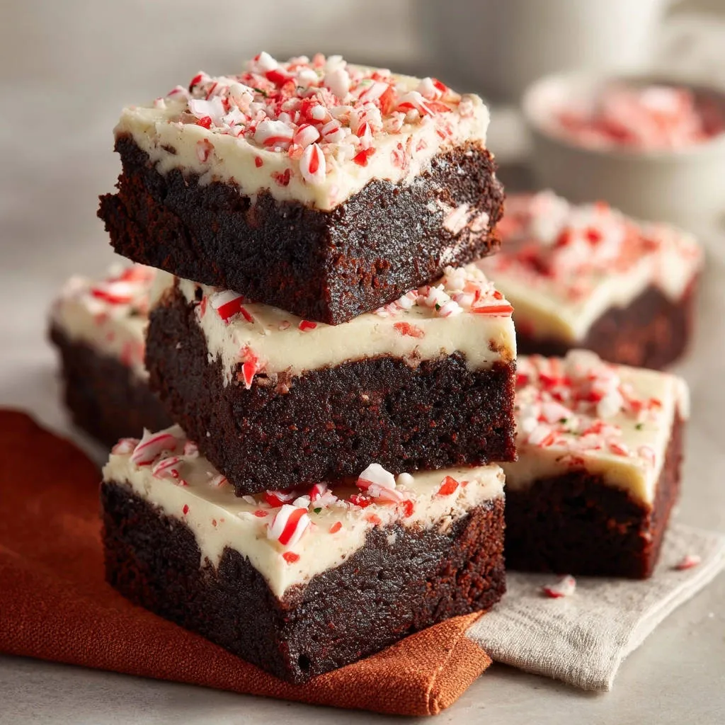 Peppermint fudgy brownies, stacked and topped with crushed candy canes for a festive holiday treat.