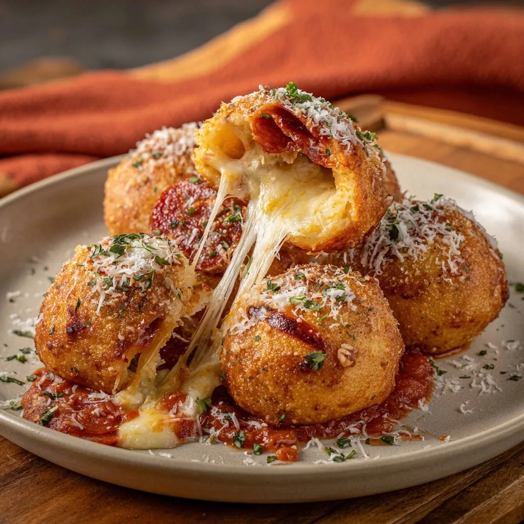 Crispy Pepperoni & Mozzarella Bites with a gooey cheese pull shown in a close-up cross-section.