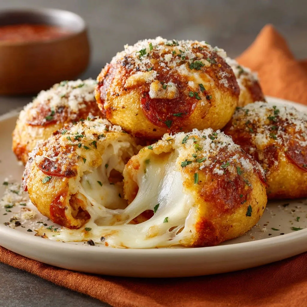 Crispy Pepperoni & Mozzarella Bites with a cross-section revealing gooey melted cheese inside.
