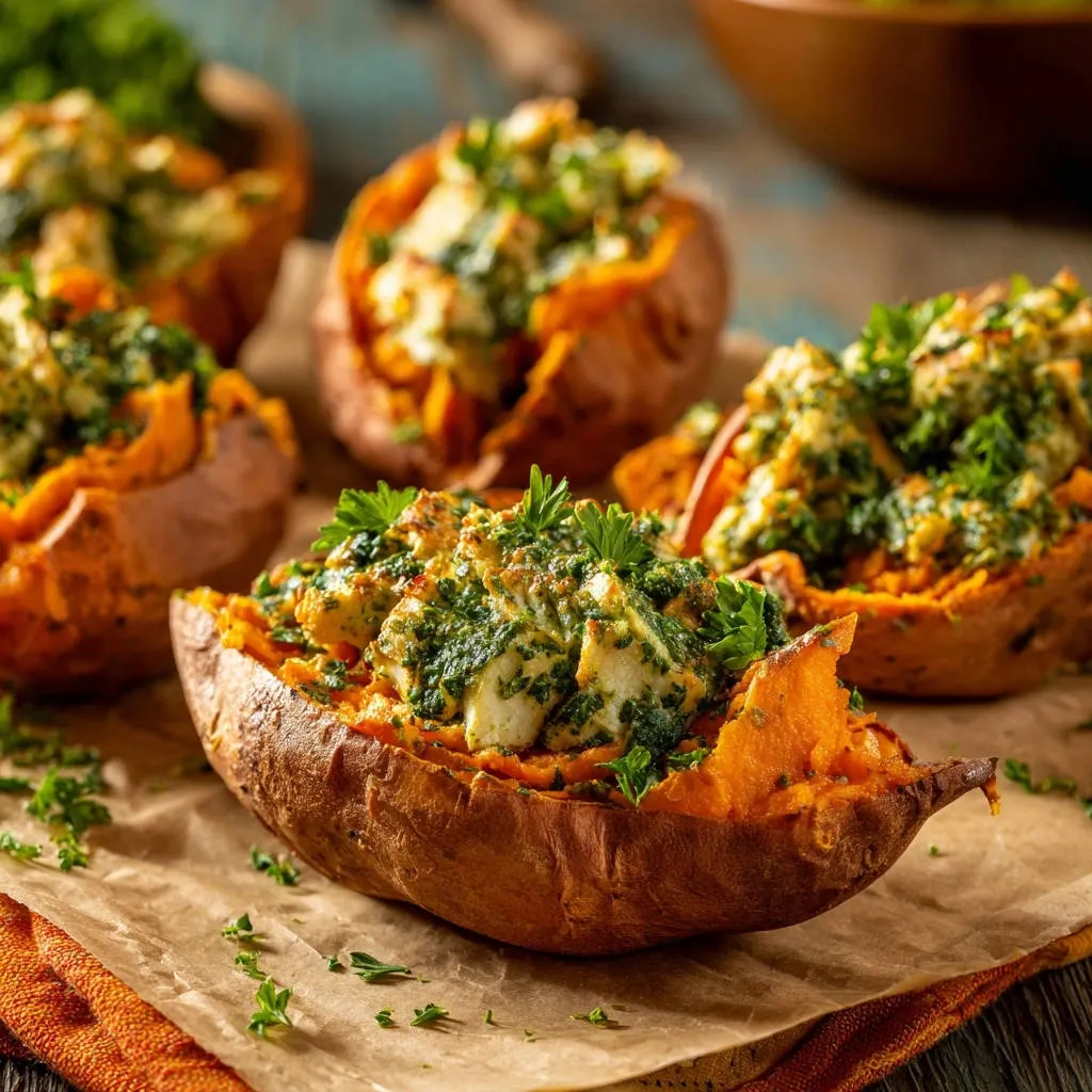 Pesto Chicken Stuffed Sweet Potatoes: Creamy & Flavorful! - recipe image