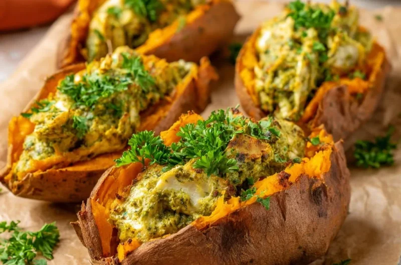 Pesto Chicken Stuffed Sweet Potatoes