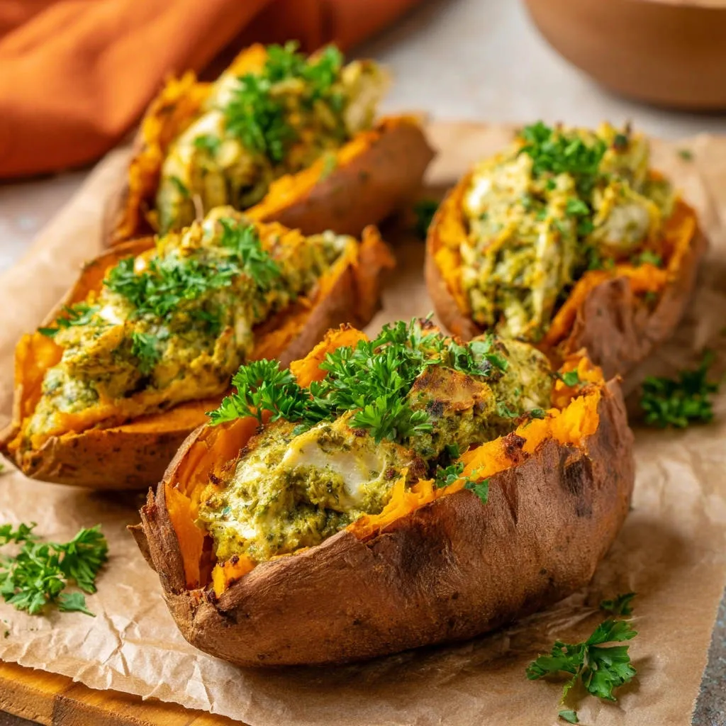 Pesto chicken stuffed sweet potatoes shown as four open halves, generously filled and garnished with fresh parsley.