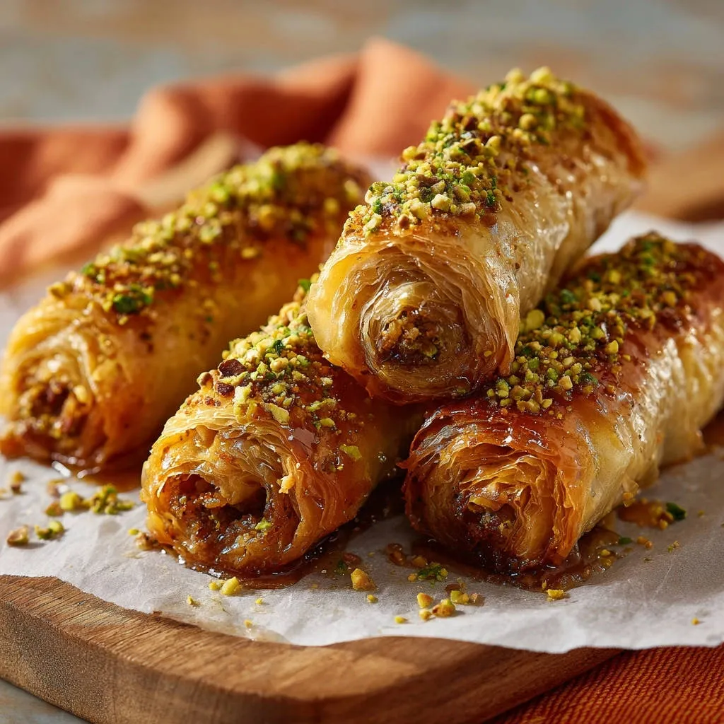 Sweet pistachio phyllo swirls close-up, showcasing the chopped pistachio topping and golden-brown pastry.