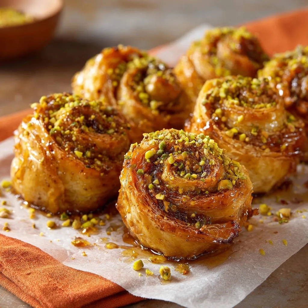 Sweet Pistachio Phyllo Swirls glazed with syrup and topped with chopped pistachios, a close-up view.