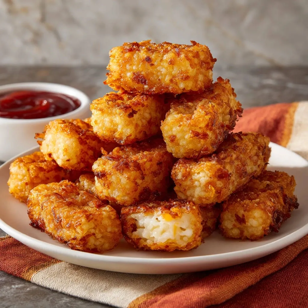 Crispy homemade potato fritters cross-section showing the interior, served with ketchup.