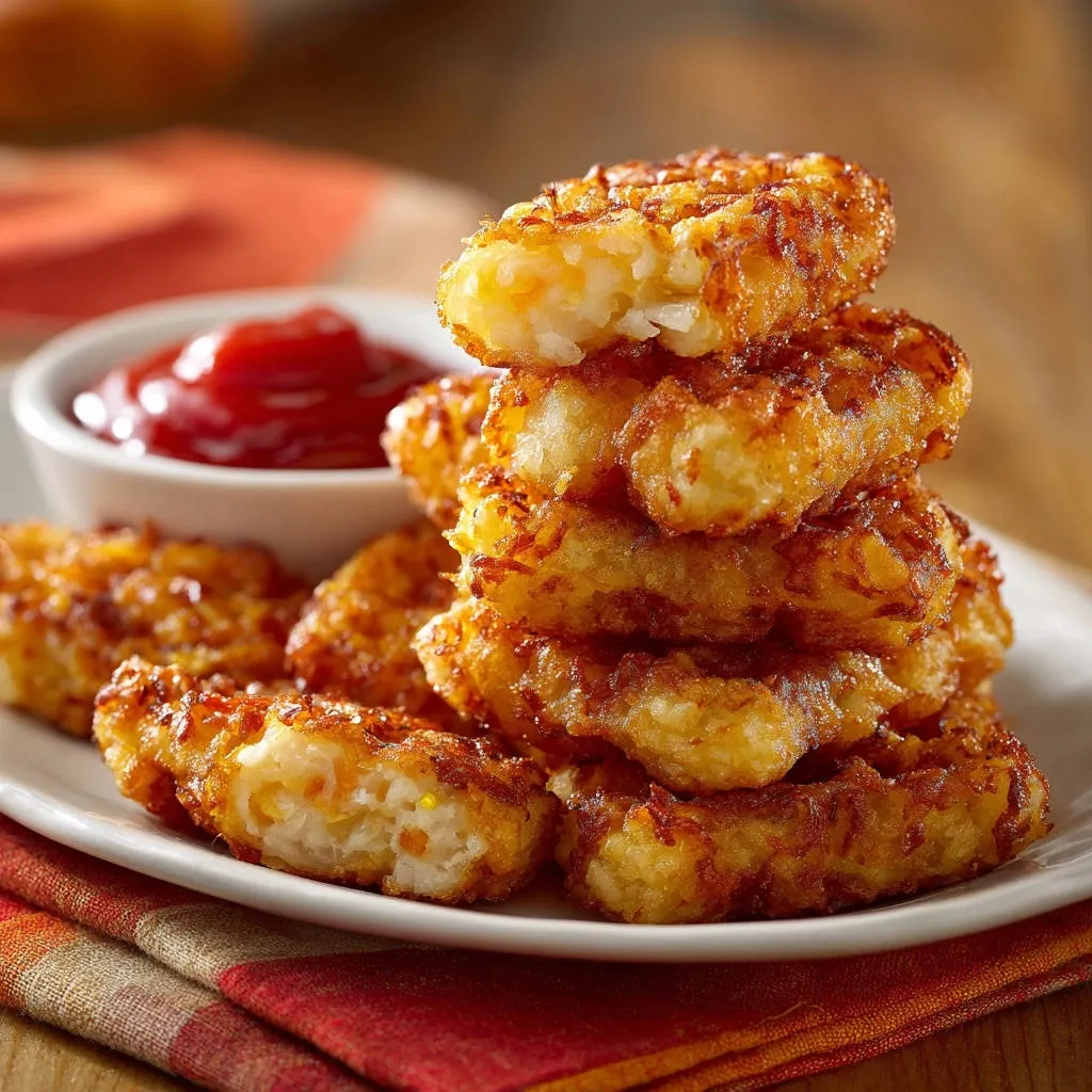 Crispy homemade potato fritters stacked high next to a bowl of ketchup, showing their golden-brown exterior.