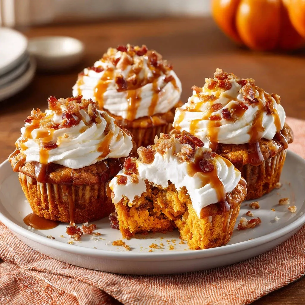 Pumpkin spice caramel bacon cupcakes shown with a close-up cross-section revealing the fluffy interior texture.