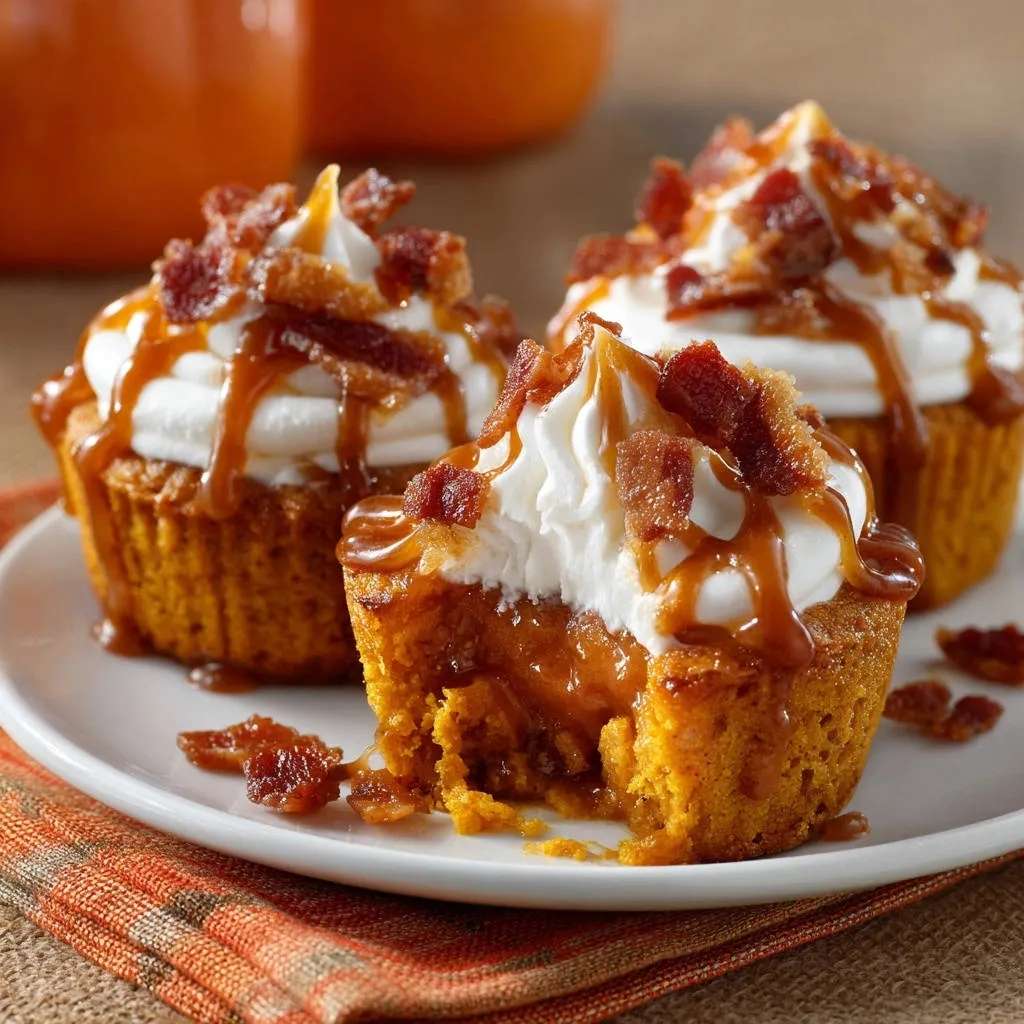 Pumpkin spice caramel bacon cupcakes shown in a close-up cross-section revealing the fluffy interior and caramel drizzle.