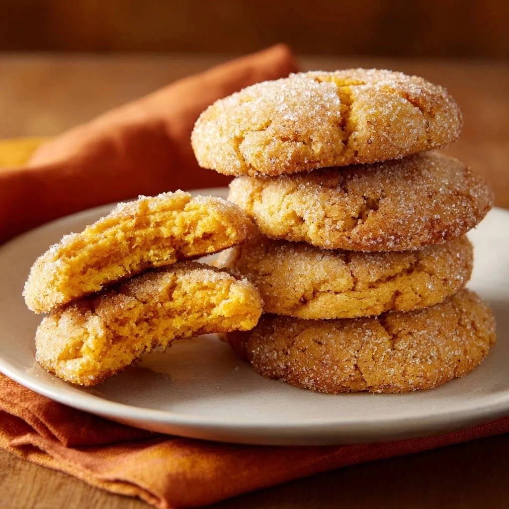 Pumpkin spice sugar cookies stacked on a plate, with two cookies split open to reveal the soft interior.