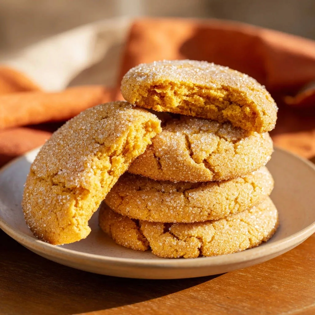 Pumpkin spice sugar cookies stacked on a plate, with one cookie broken to show its soft interior.