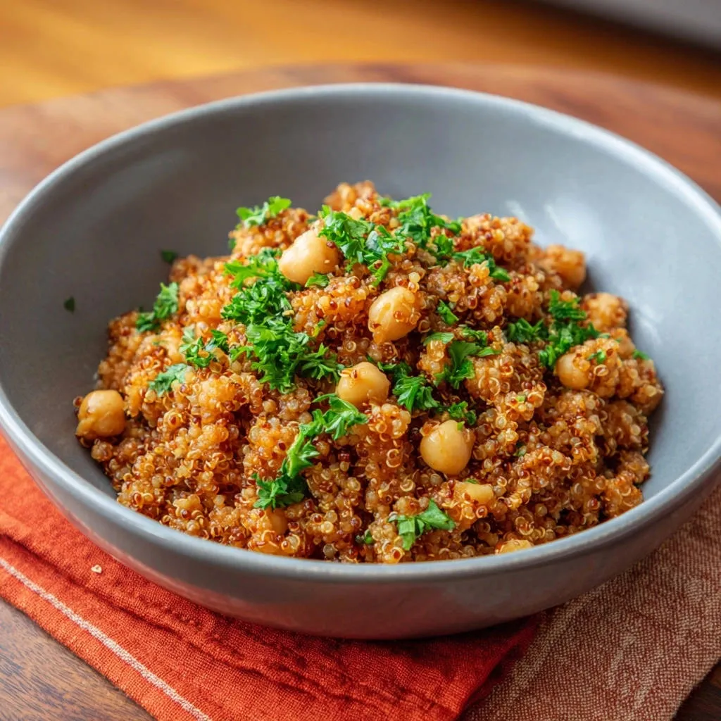 Quinoa & Chickpea Power Bowl garnished with fresh parsley and served in a grey bowl on an orange napkin.