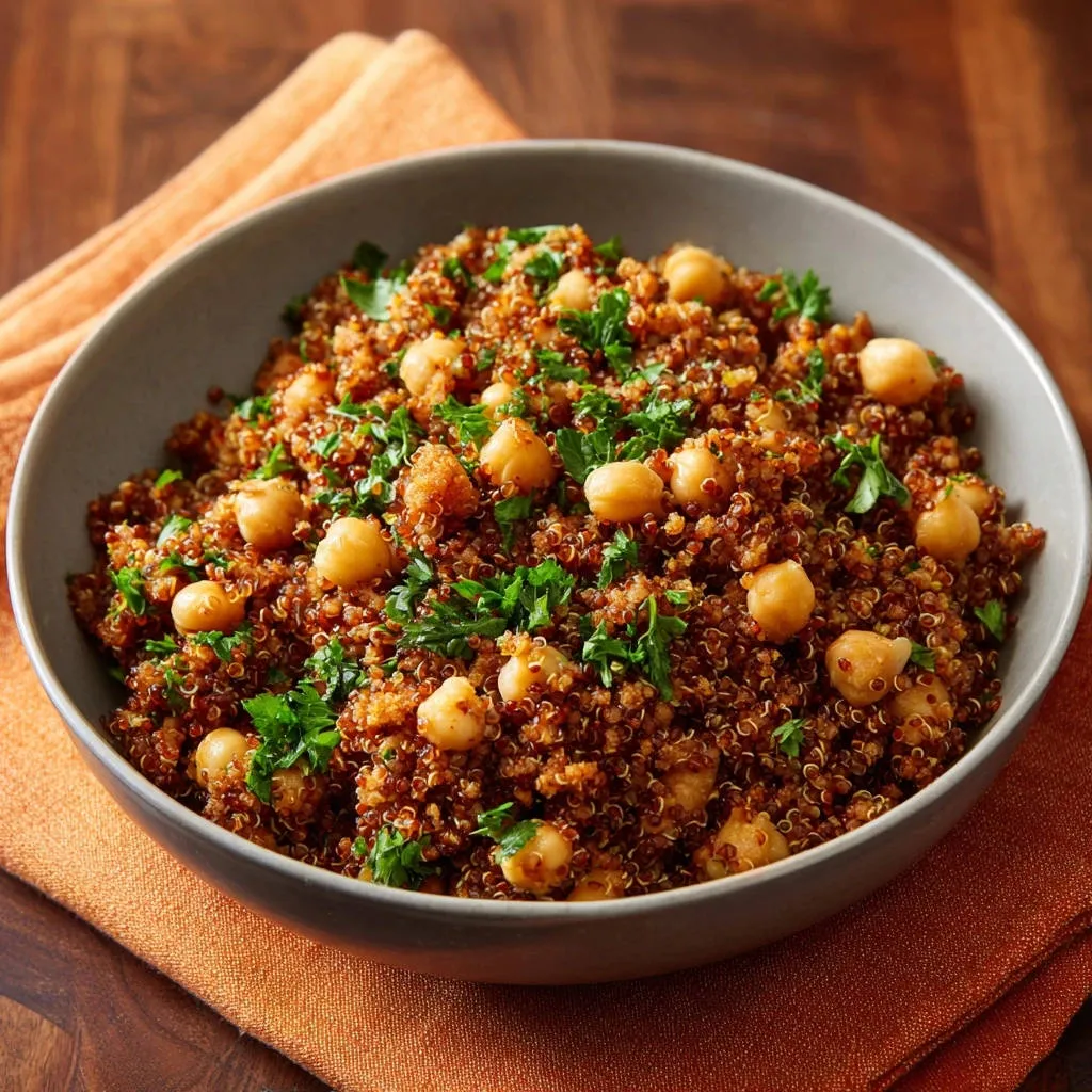 Quinoa & Chickpea Power Bowl perfectly fluffy every time, shown in an overhead view with chickpeas and parsley garnish.