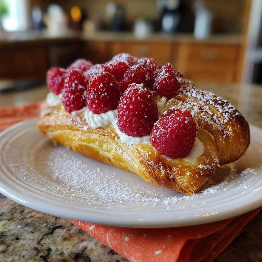 Golden Raspberry Cream Pastry plated and dusted with powdered sugar, showcasing fresh raspberries and cream topping.